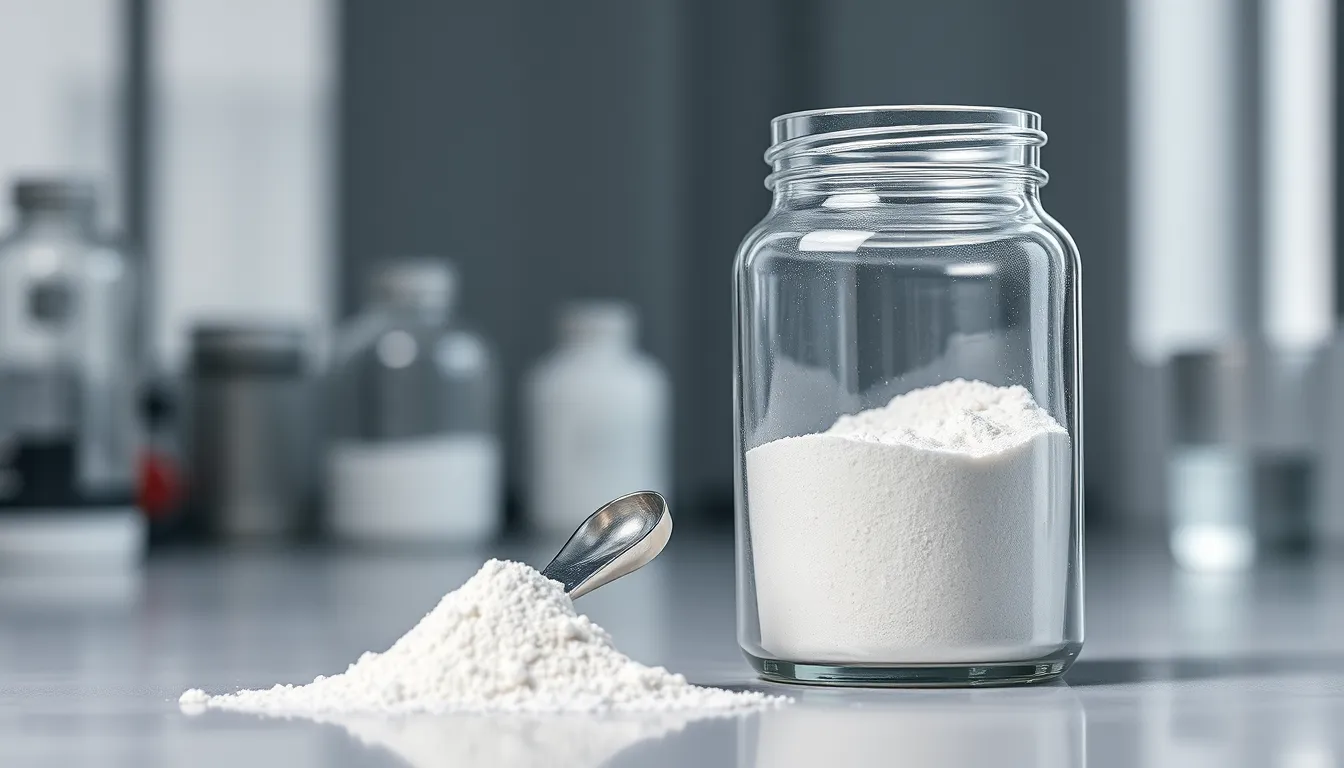 Professional creatine monohydrate powder supplement in clear container with measuring scoop