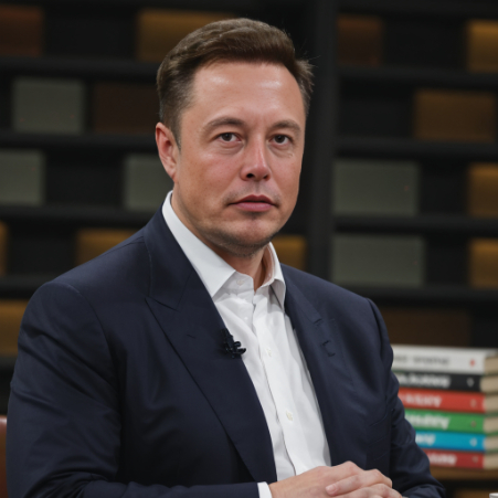 Elon Musk sitting in a library