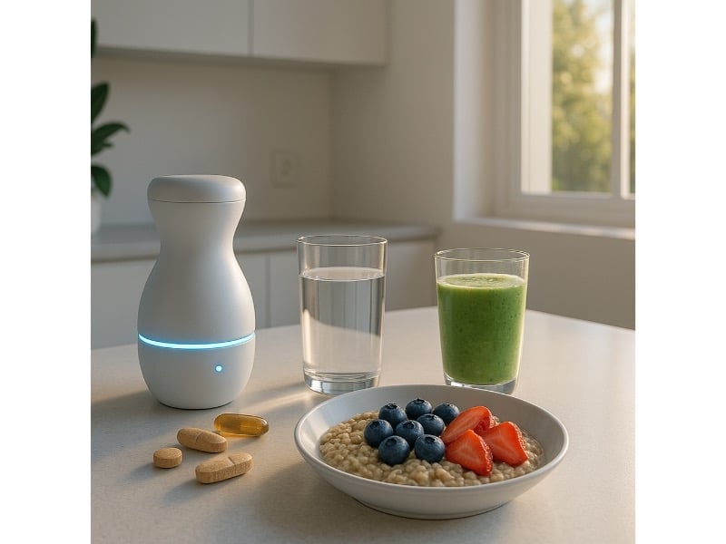 Rhonda Patrick's supplements, smoothie and breakfast on a table