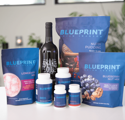Closeup of Bryan Johnson's supplement stack