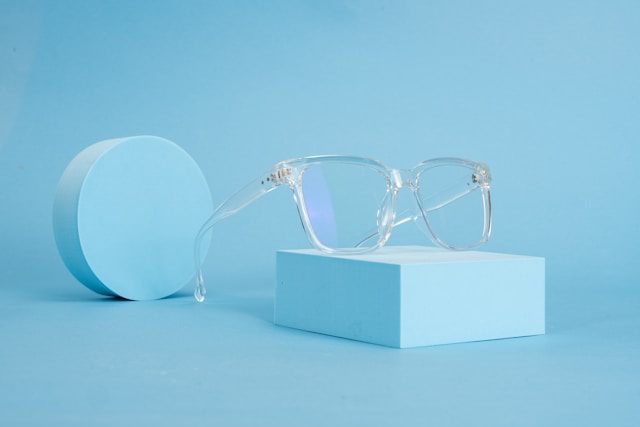 Closeup of blue light blocking glasses