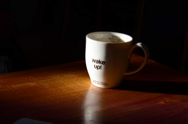 Closeup of a wake up mug