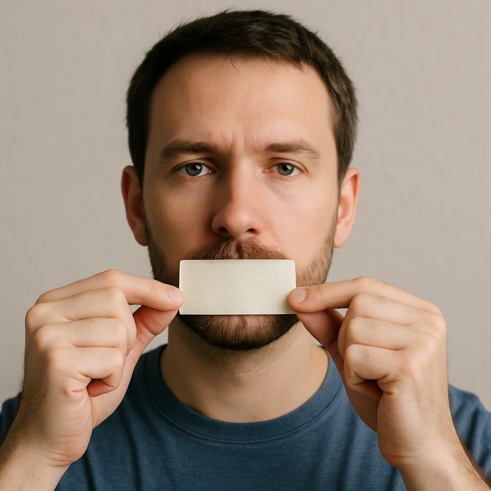 A guy safely putting a mouth tape