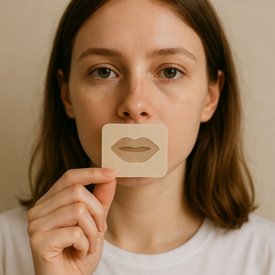 A girl holding a mouth tape