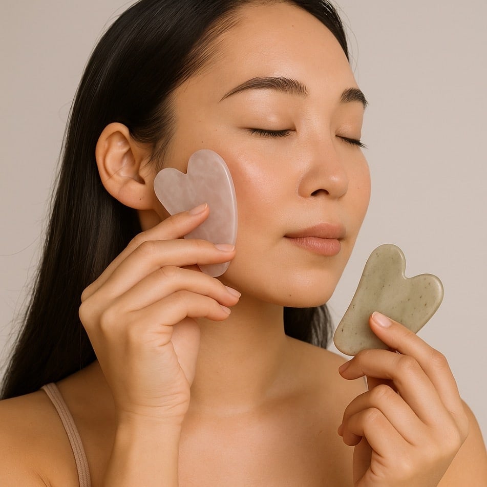 A girl focusing on face Gua Sha routine