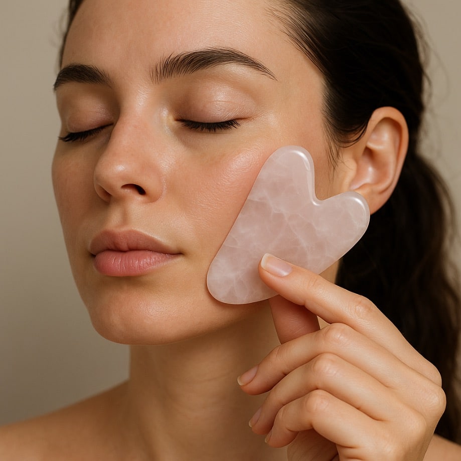 A girl using a pebble for her facial Gua Sha routine