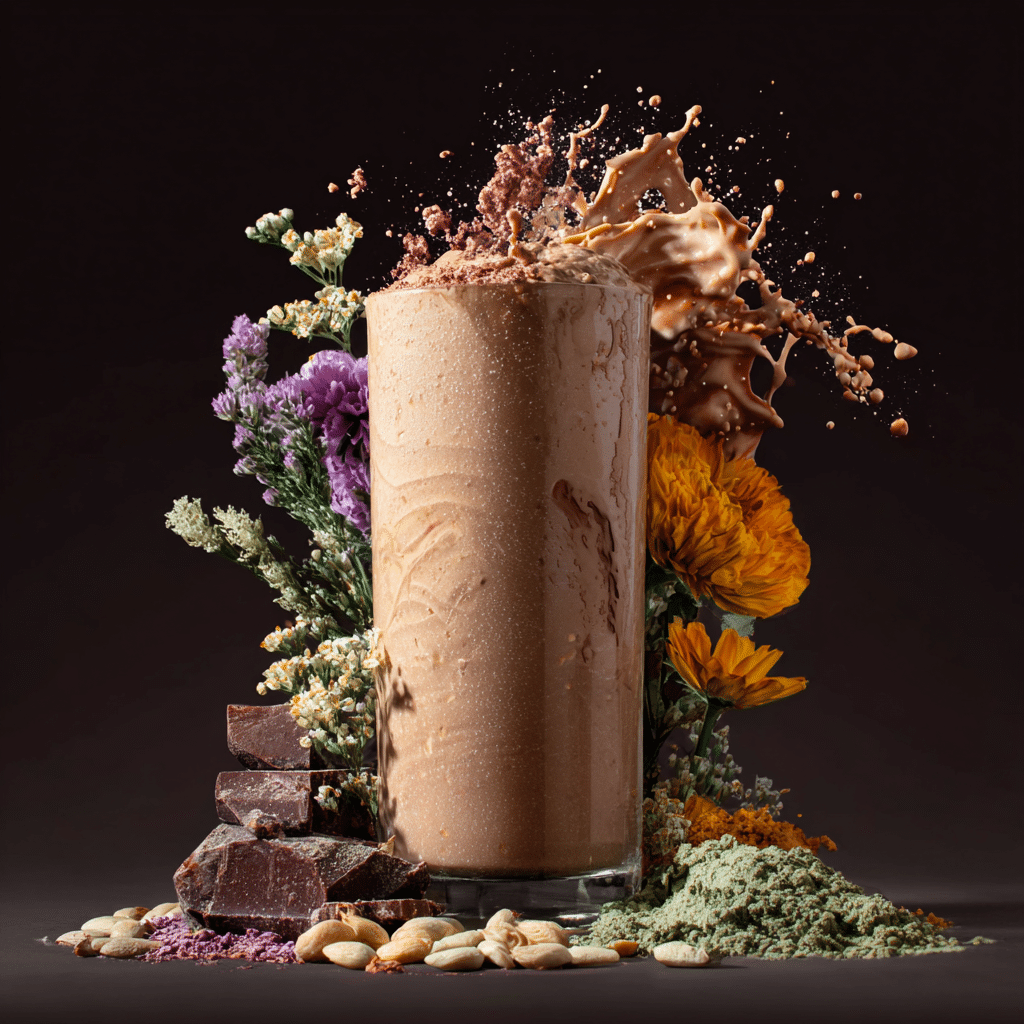 A plant based protein milkshake splashing into a glass with flowers