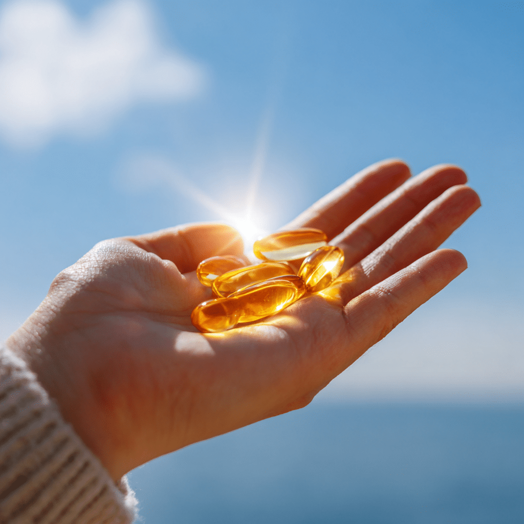 A hand holding Vitamin D supplements