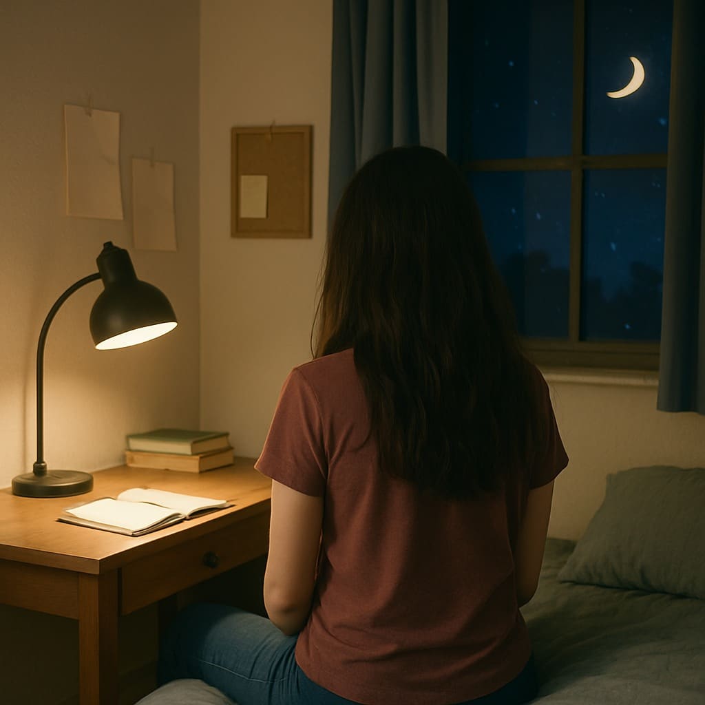 Closeup of Hannah Saxton in her room